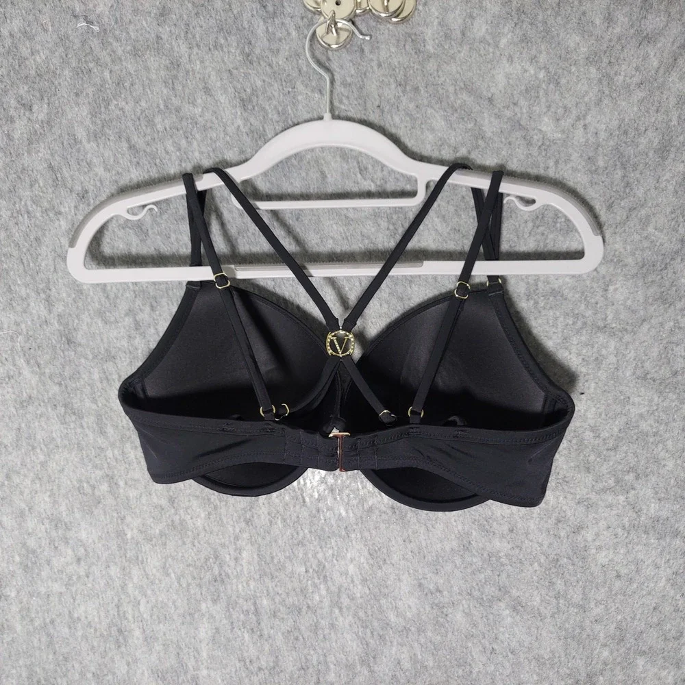 Victorias Secret Bikini Top 34D Black Push Up Wired Glam Rhinestone Logo Strappy